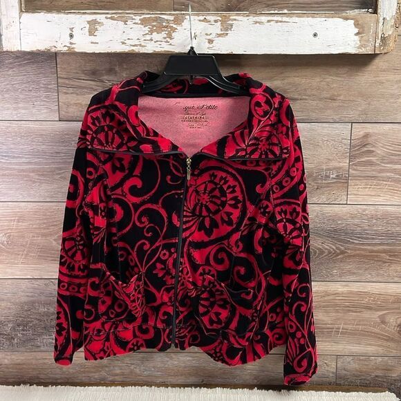 Onque Petite Zip Up Velour Jacket , Ladies Petite XL, Red and Black - Picture 1 of 4